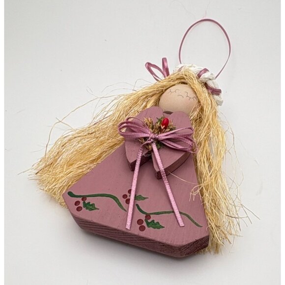 Handcrafted Wooden Angel Christmas Ornament Straw Hair with Bouquet Wood Block - Picture 4 of 7